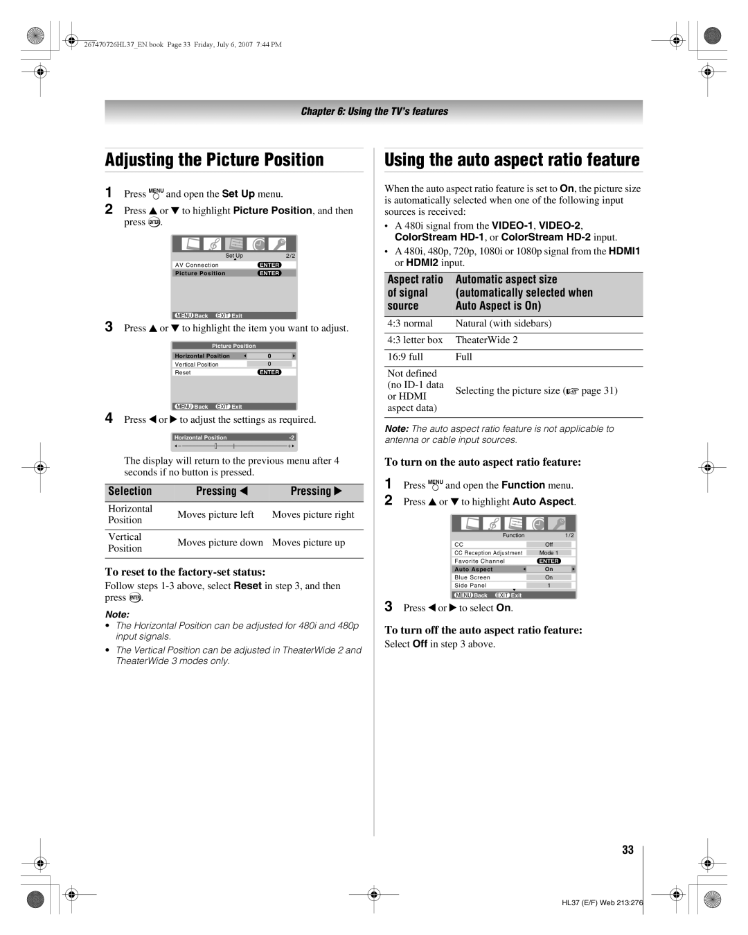 Toshiba 26HL37 manual Adjusting the Picture Position, Using the auto aspect ratio feature, Selection Pressing C Pressing c 