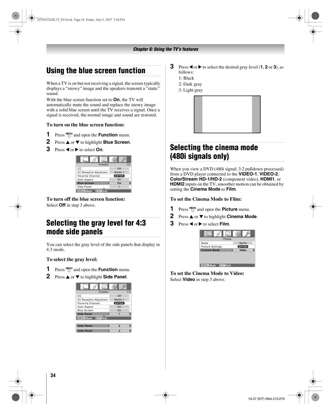 Toshiba 26HL37 manual Using the blue screen function, Selecting the gray level for 43 mode side panels 