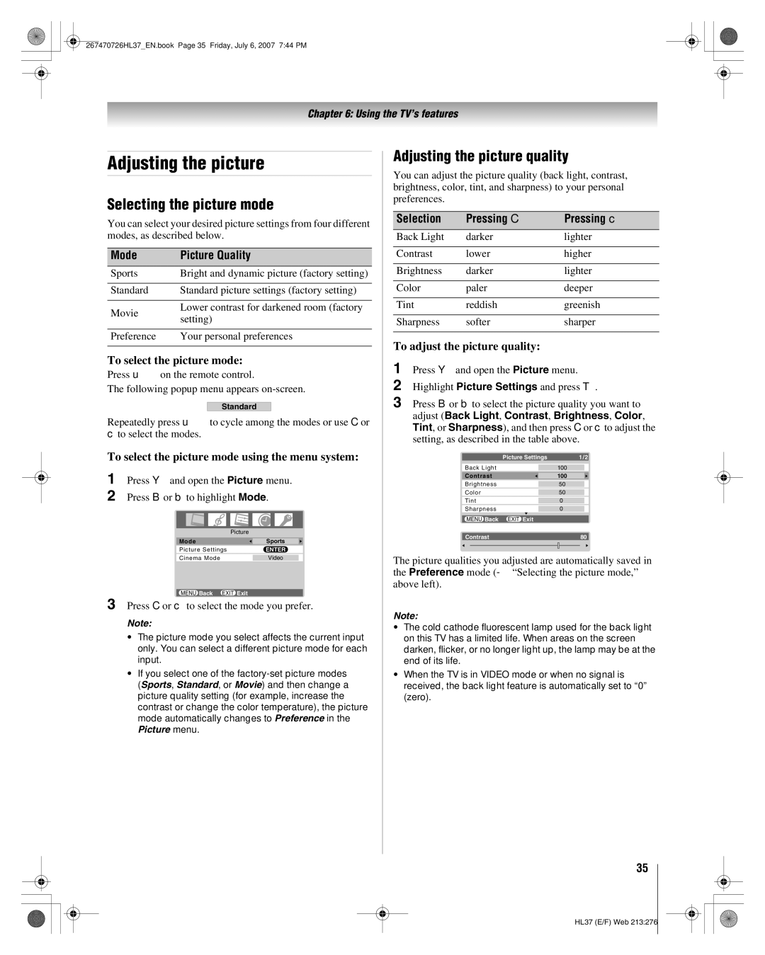 Toshiba 26HL37 manual Selecting the picture mode, Adjusting the picture quality, Mode Picture Quality 