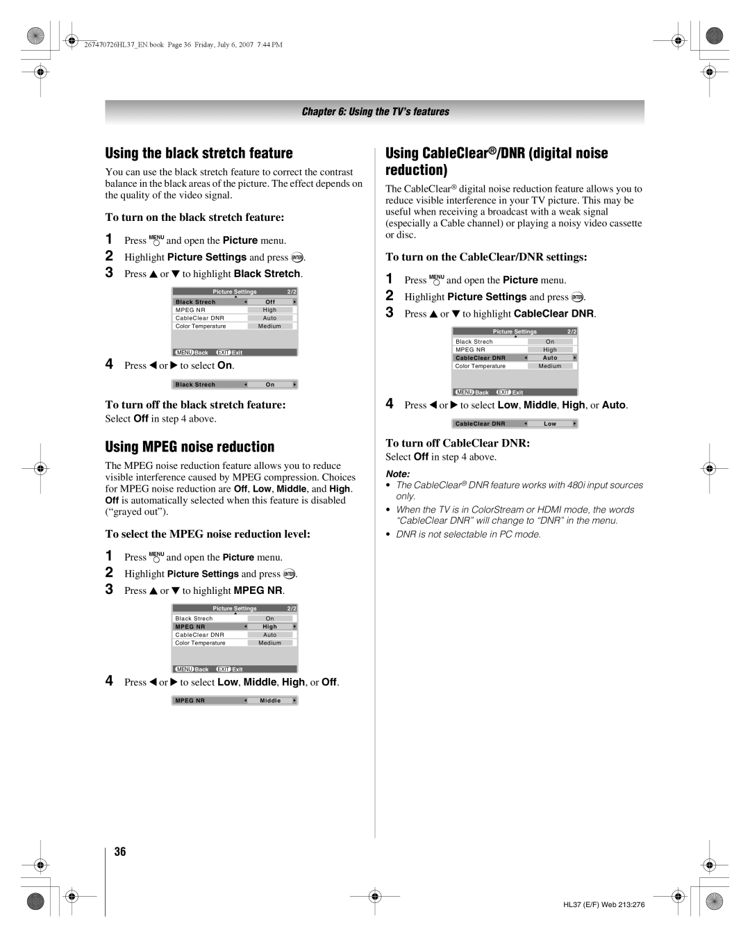 Toshiba 26HL37 Using the black stretch feature, Using Mpeg noise reduction, Using CableClear/DNR digital noise reduction 