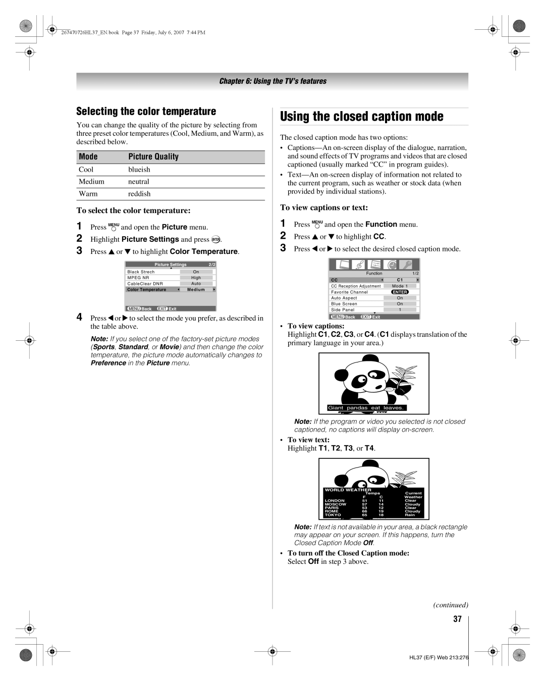 Toshiba 26HL37 manual Using the closed caption mode, Selecting the color temperature, To select the color temperature 