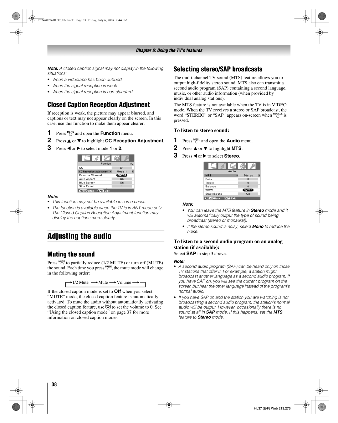 Toshiba 26HL37 Adjusting the audio, Closed Caption Reception Adjustment, Muting the sound, Selecting stereo/SAP broadcasts 