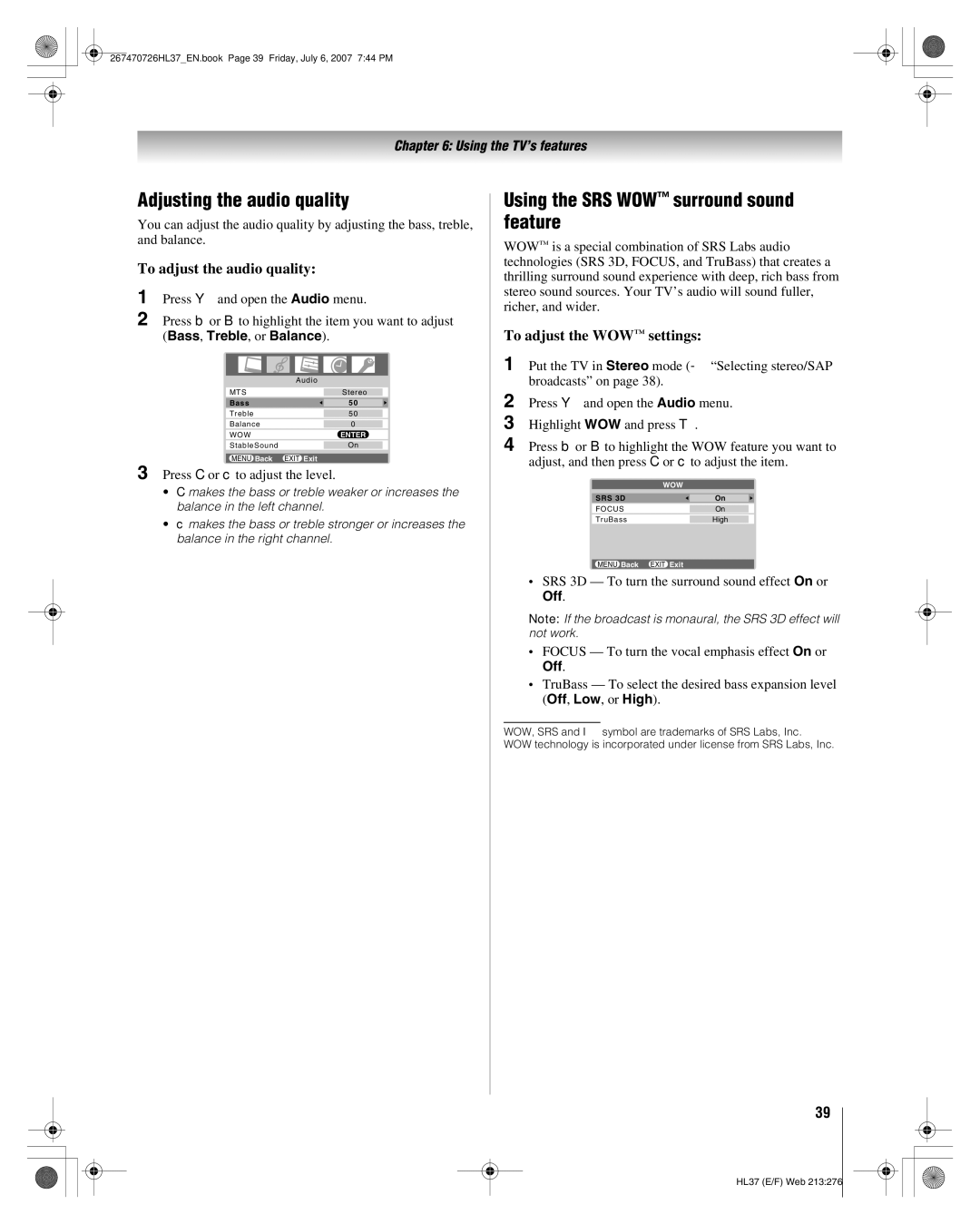 Toshiba 26HL37 Adjusting the audio quality, Using the SRS WOW surround sound feature, To adjust the audio quality, Off 