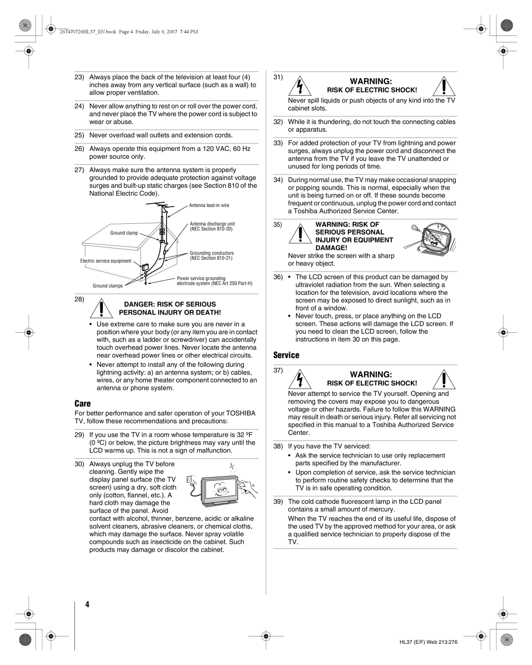 Toshiba 26HL37 manual Care, Service 