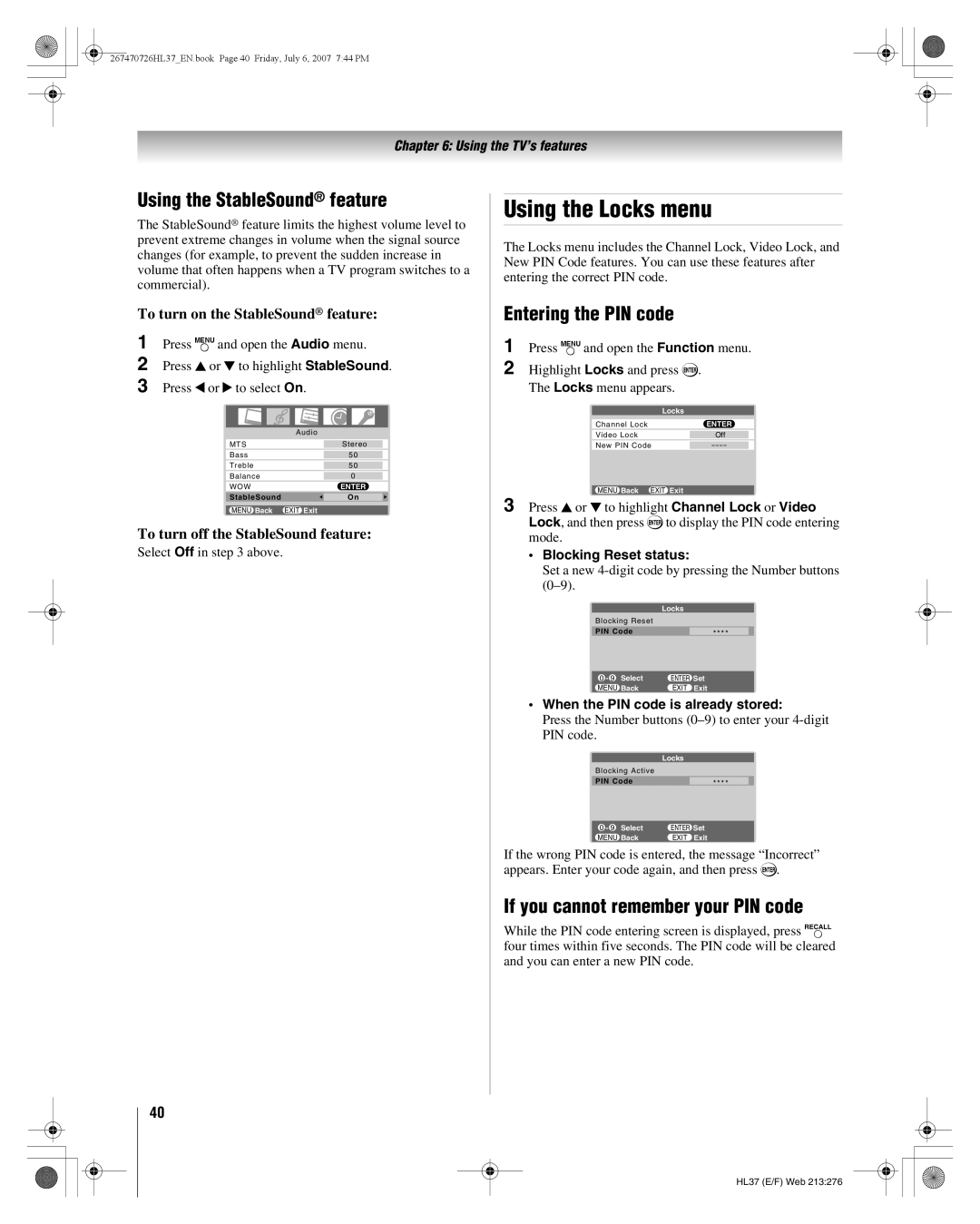 Toshiba 26HL37 manual Using the Locks menu, Using the StableSound feature, Entering the PIN code 