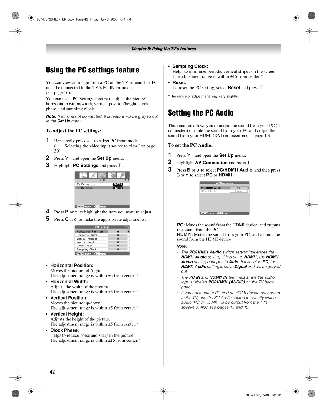 Toshiba 26HL37 manual Using the PC settings feature, Setting the PC Audio, To adjust the PC settings, To set the PC Audio 