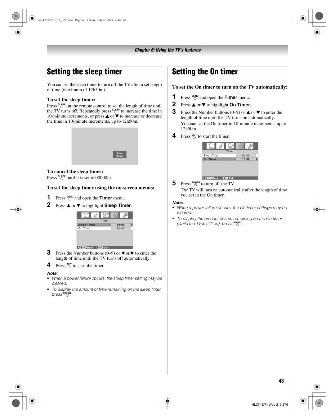 Toshiba 26HL37 manual Setting the sleep timer, Setting the On timer 