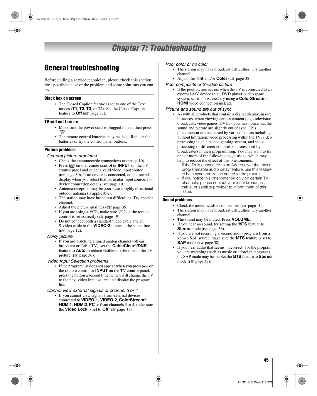 Toshiba 26HL37 manual Troubleshooting, General troubleshooting 