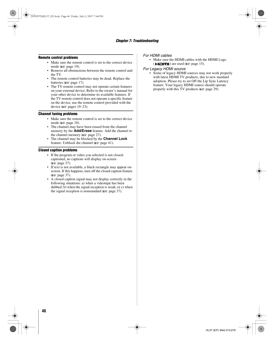 Toshiba 26HL37 manual Remote control problems, Channel tuning problems, Closed caption problems 