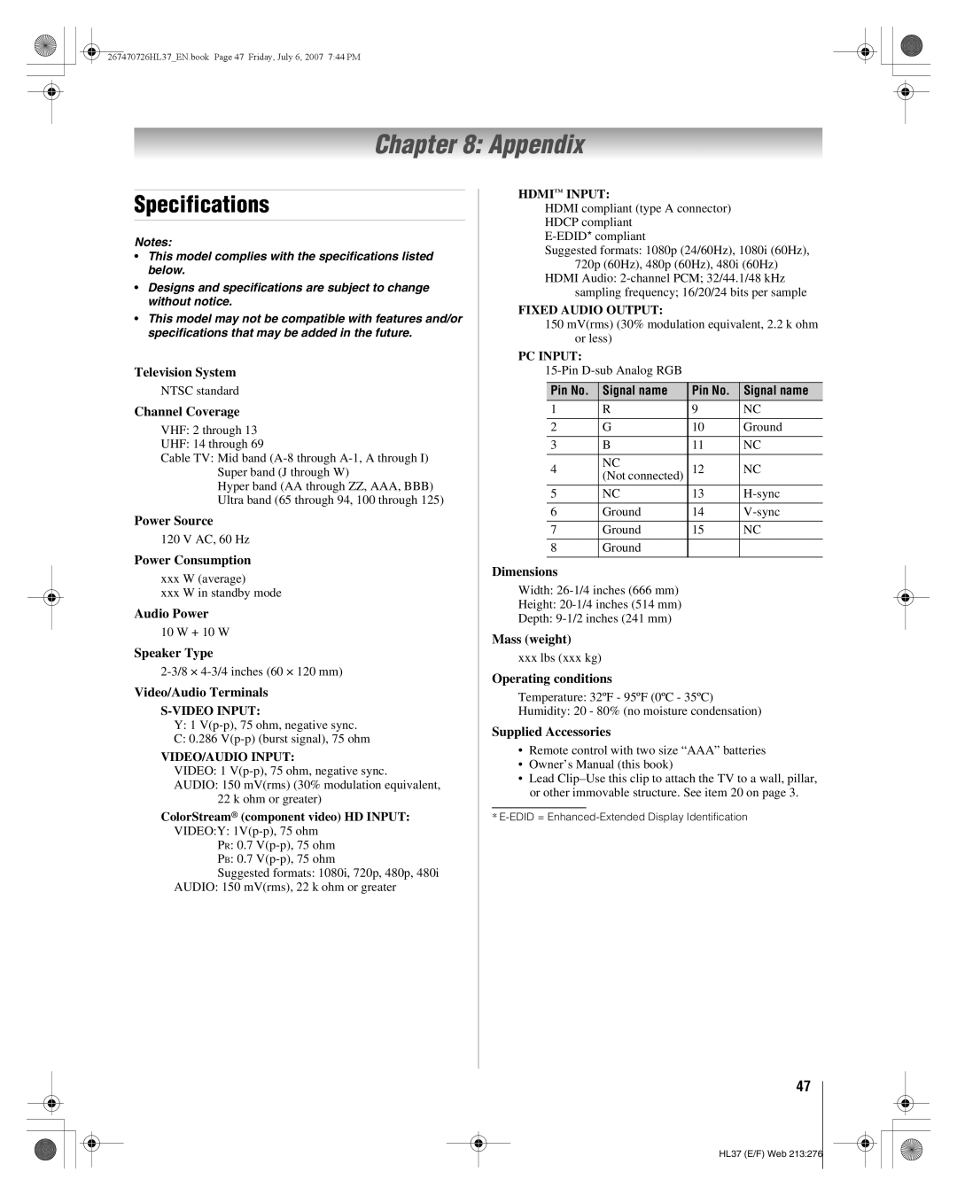 Toshiba 26HL37 manual Appendix, Specifications, Pin No Signal name 