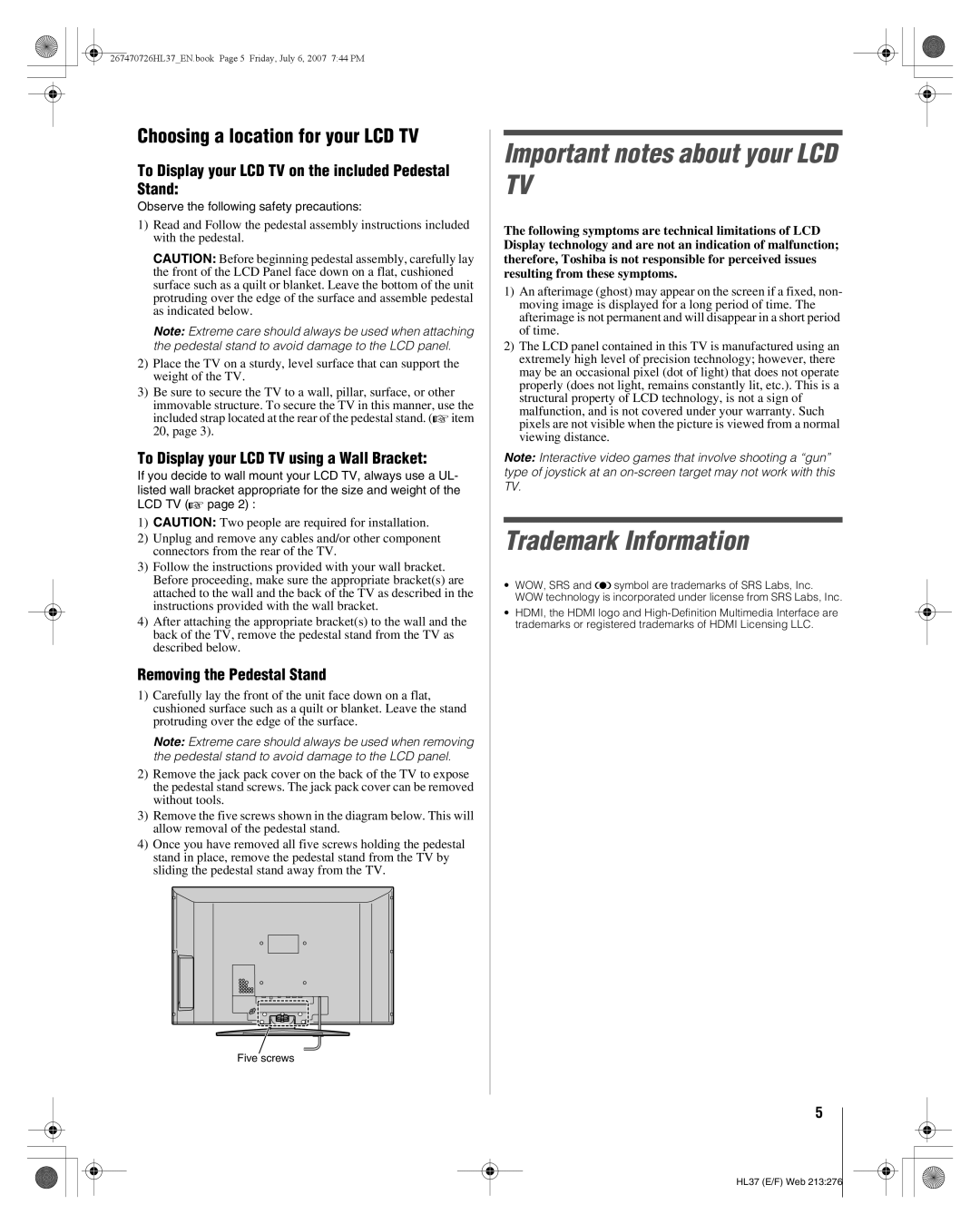 Toshiba 26HL37 manual Important notes about your LCD TV, Trademark Information, Choosing a location for your LCD TV 