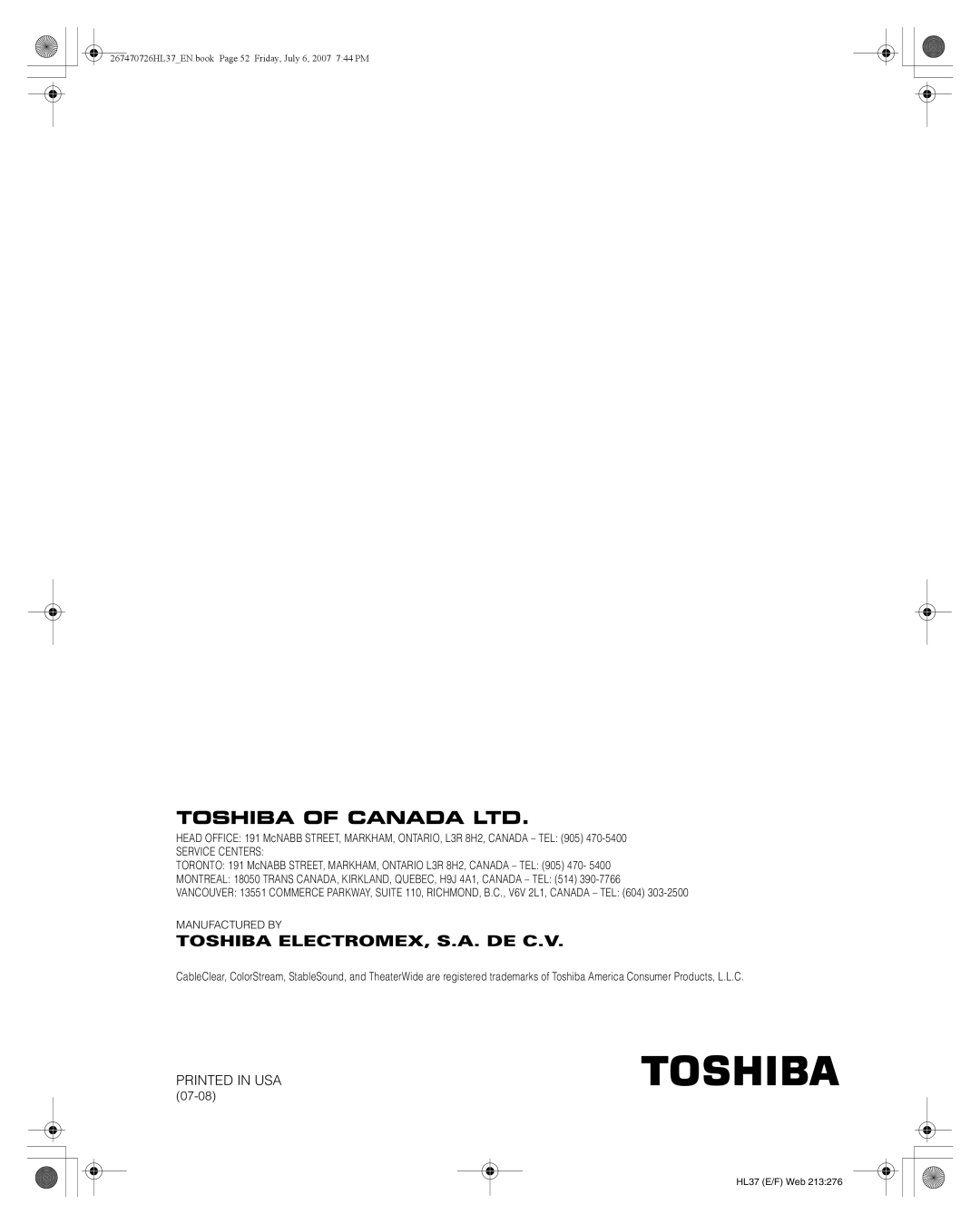 Toshiba 26HL37 manual 07-08 