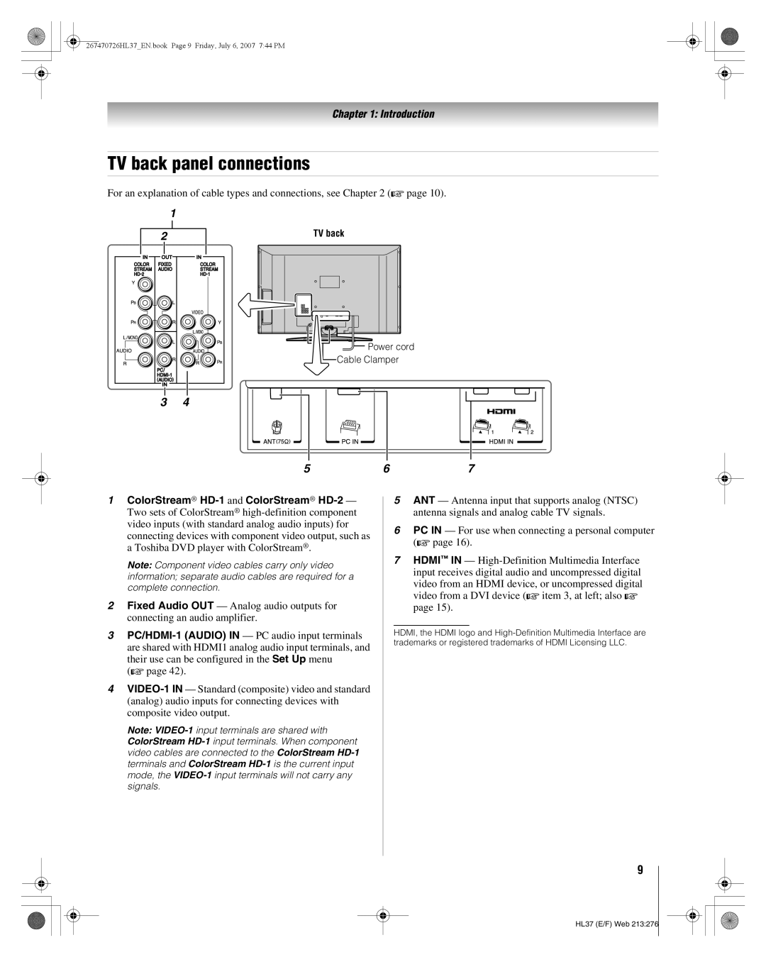 Toshiba 26HL37 manual TV back panel connections, For an explanation of cable types and connections, see 