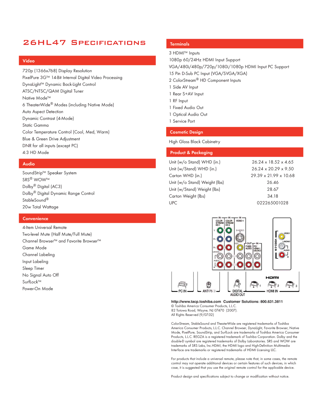 Toshiba manual 26HL47 Specifications 