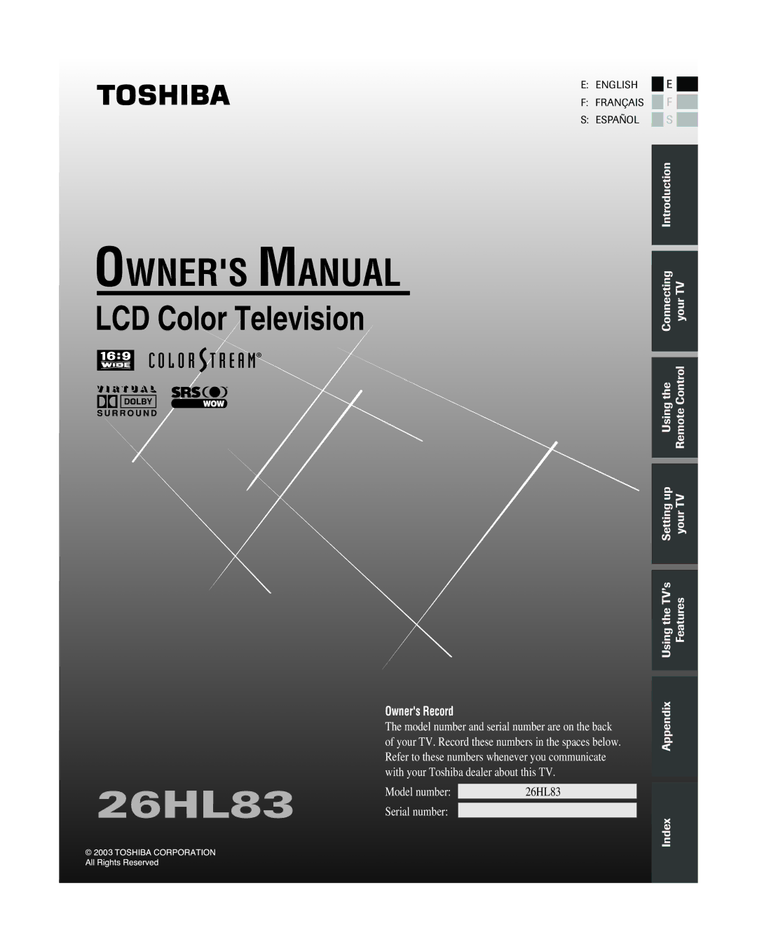 Toshiba 26HL83 owner manual LCD Color Television, Introduction 