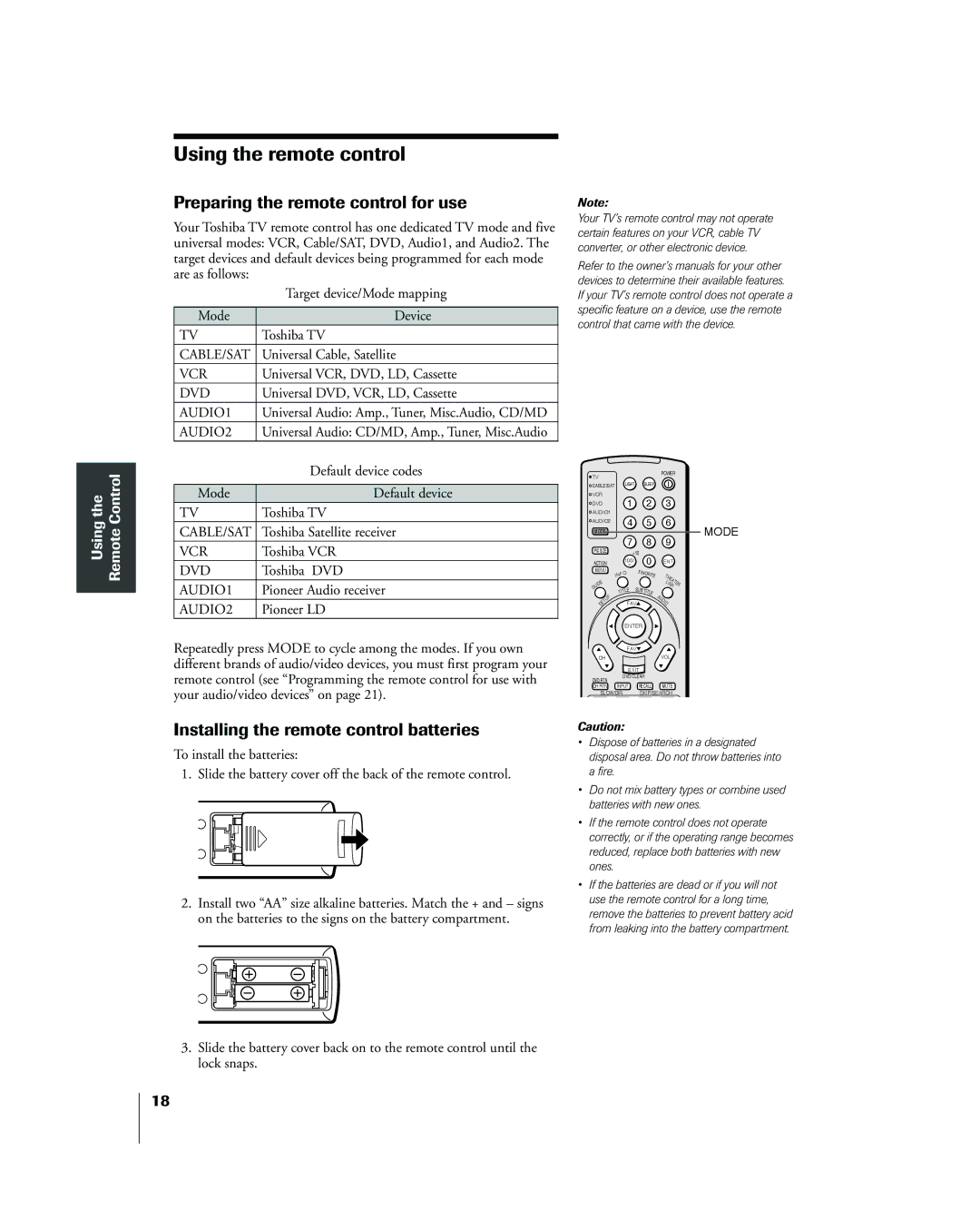 Toshiba 26HL83 Preparing the remote control for use, Installing the remote control batteries, Using the Remote Control 