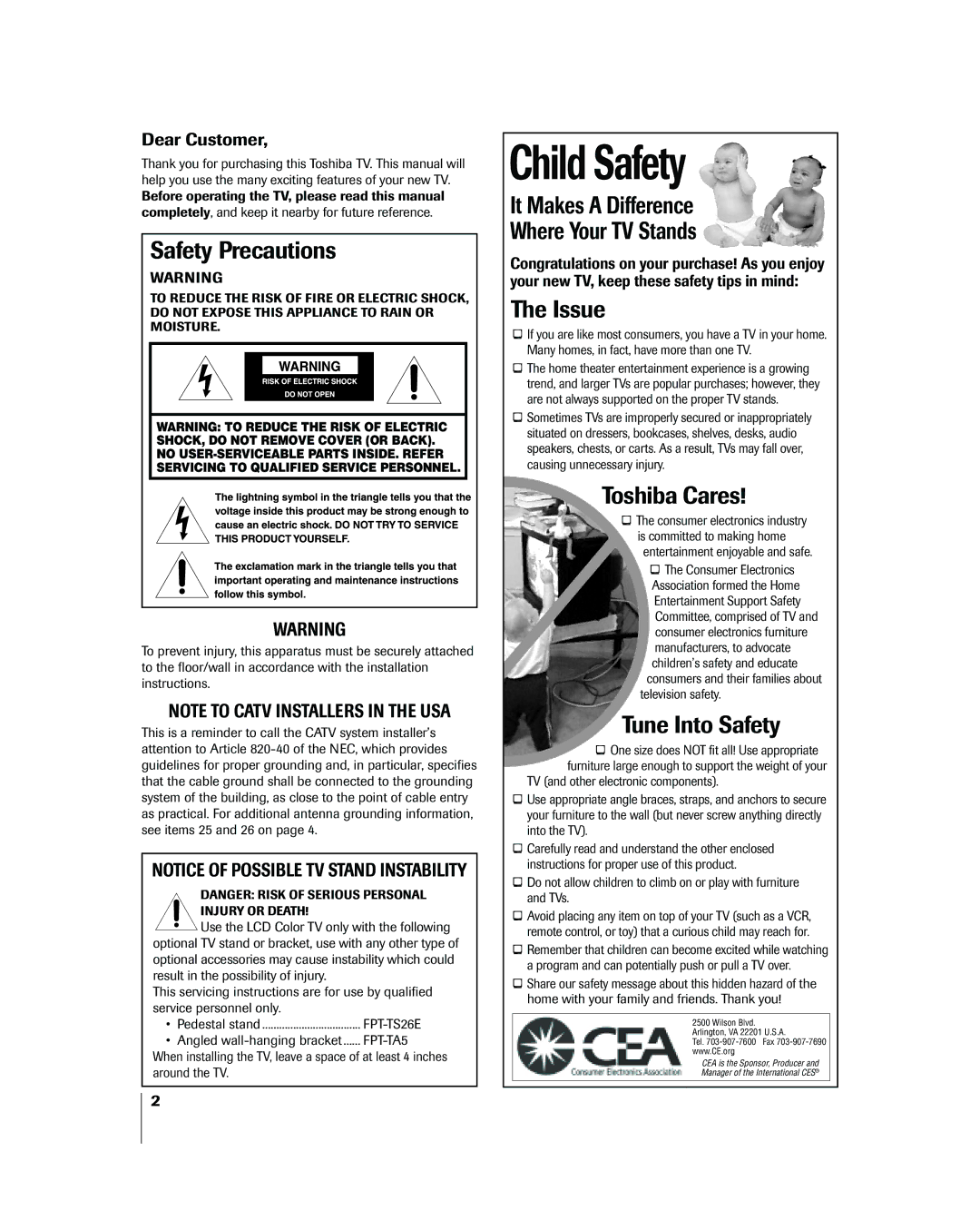 Toshiba 26HL83 owner manual Safety Precautions, Dear Customer 