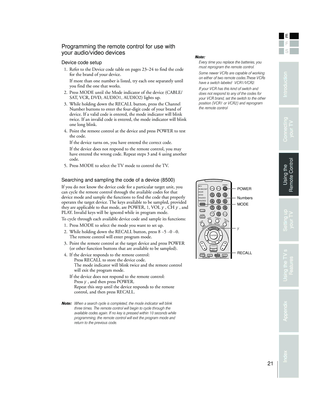 Toshiba 26HL83 Device code setup, Introduction Connecting YourTV Control, Searching and sampling the code of a device 