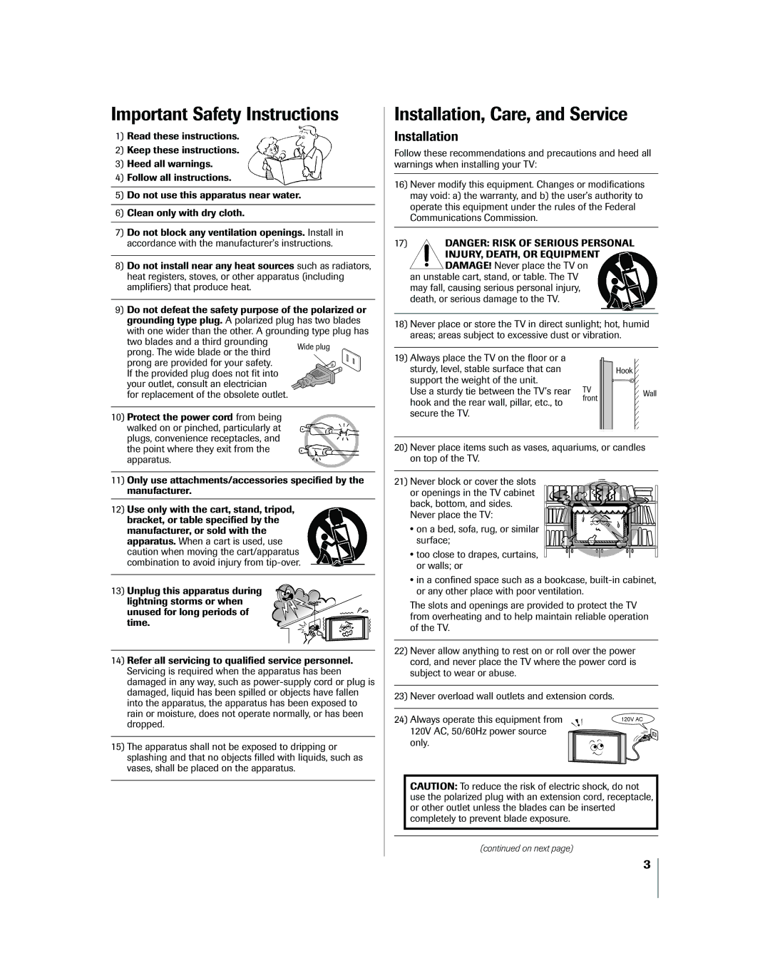 Toshiba 26HL83 owner manual Important Safety Instructions, Installation 