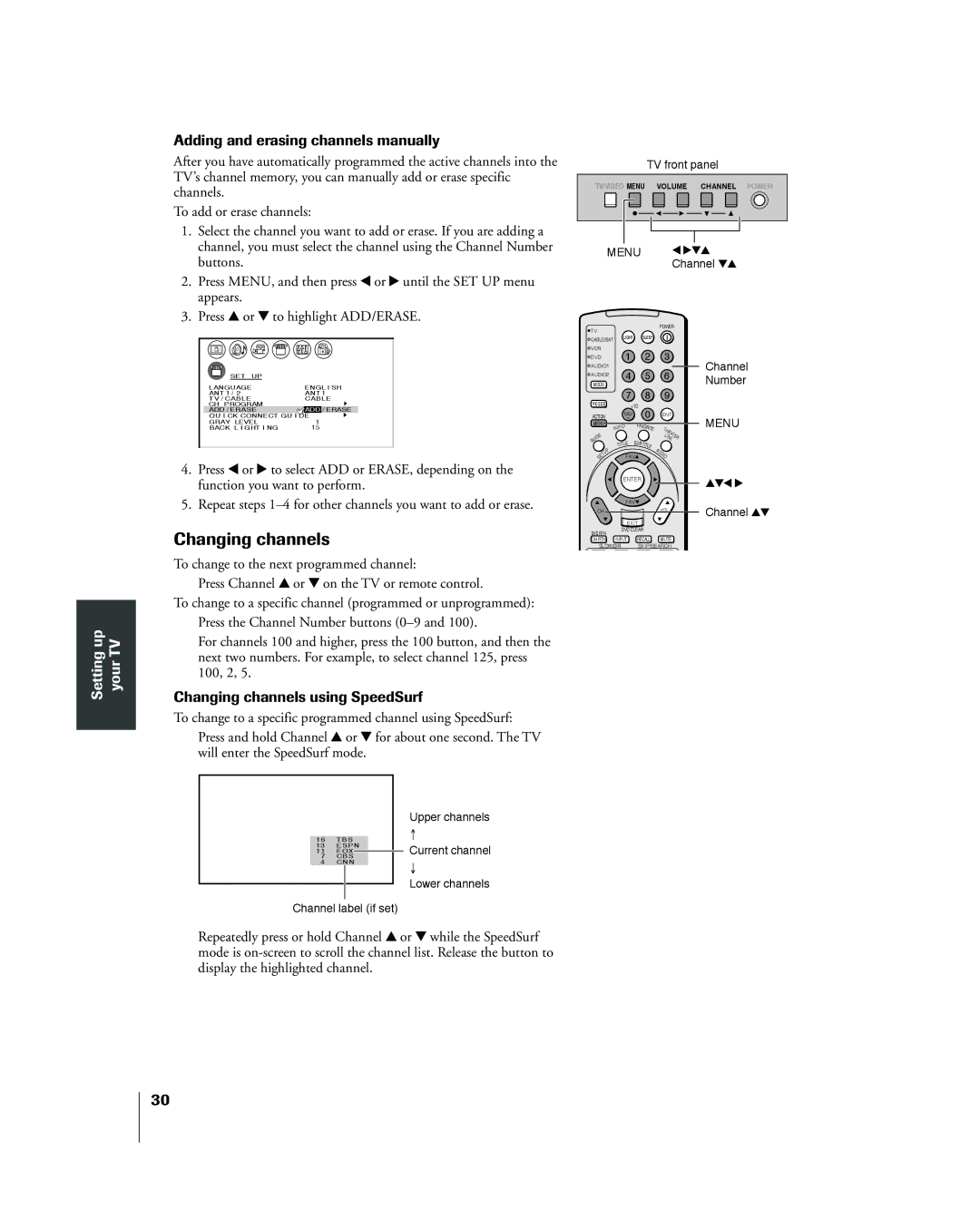 Toshiba 26HL83 owner manual Adding and erasing channels manually, Changing channels using SpeedSurf 