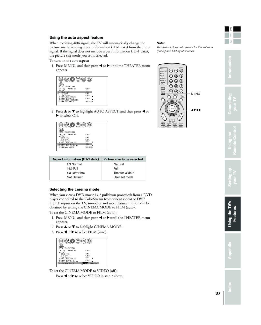 Toshiba 26HL83 owner manual Using the auto aspect feature, Selecting the cinema mode 