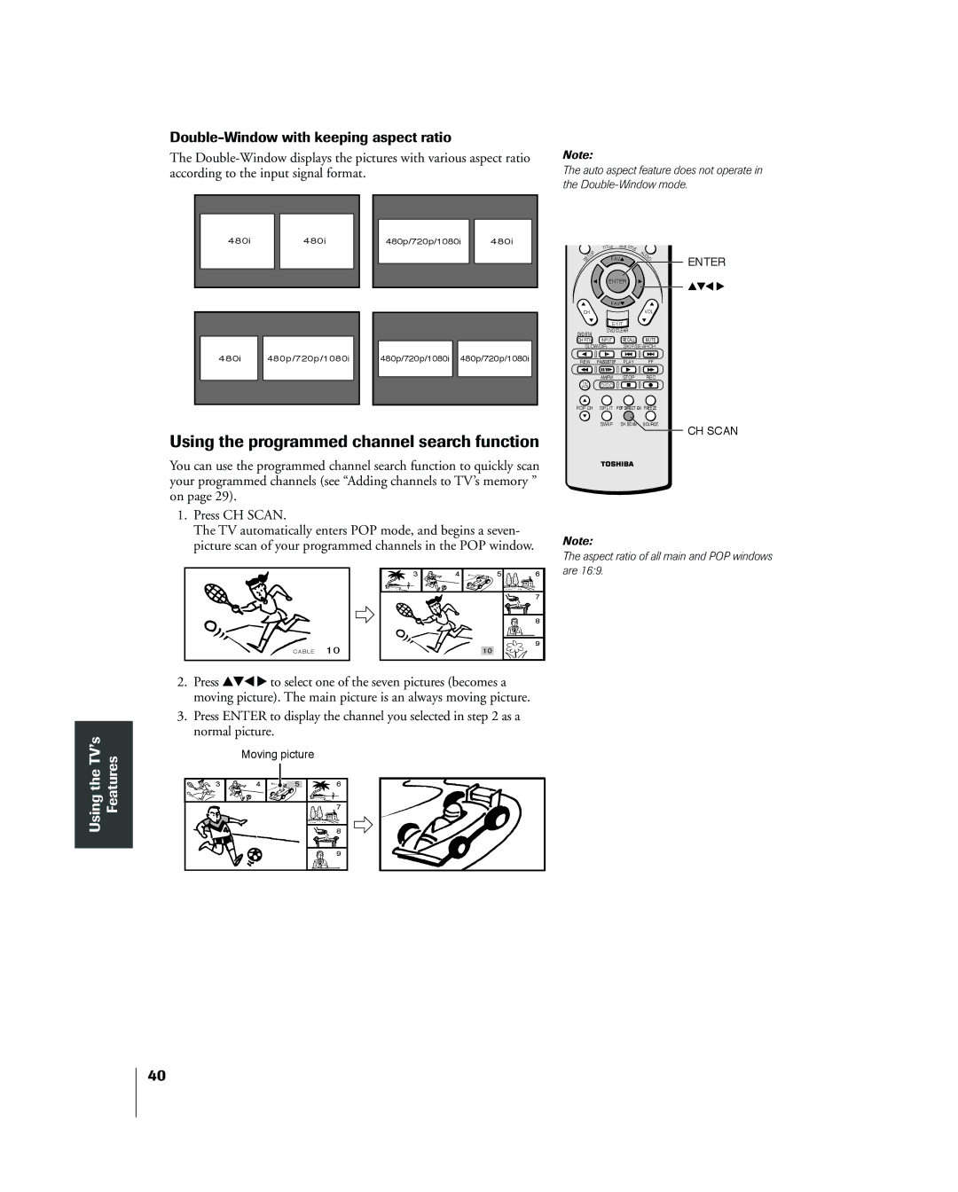 Toshiba 26HL83 owner manual Using the programmed channel search function, Double-Window with keeping aspect ratio 