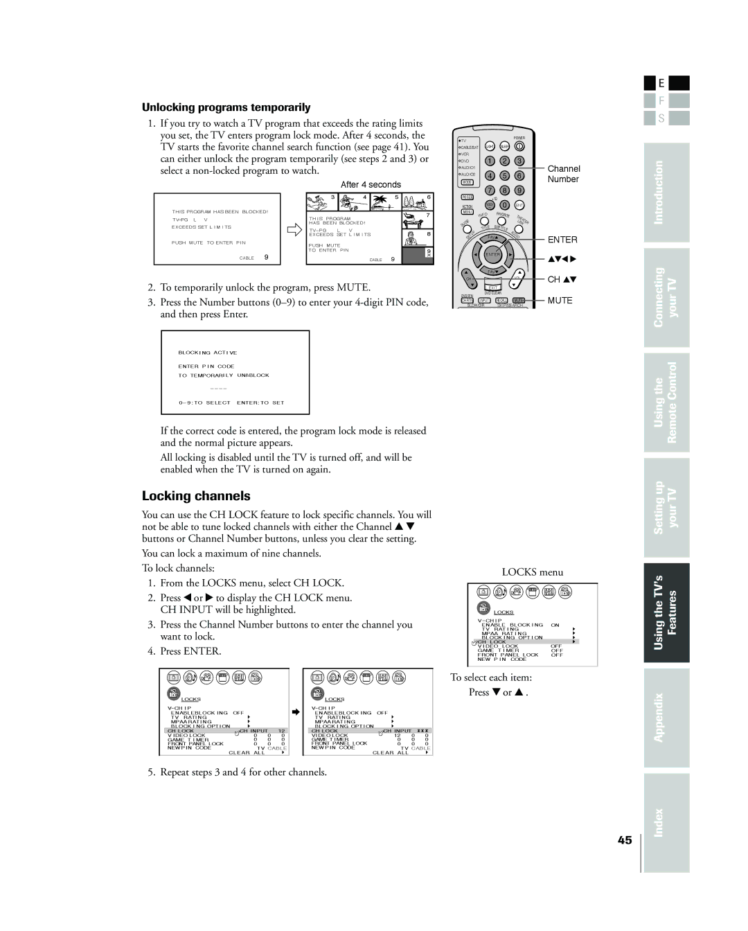 Toshiba 26HL83 Locking channels, Unlocking programs temporarily, Repeat steps 3 and 4 for other channels Locks menu 