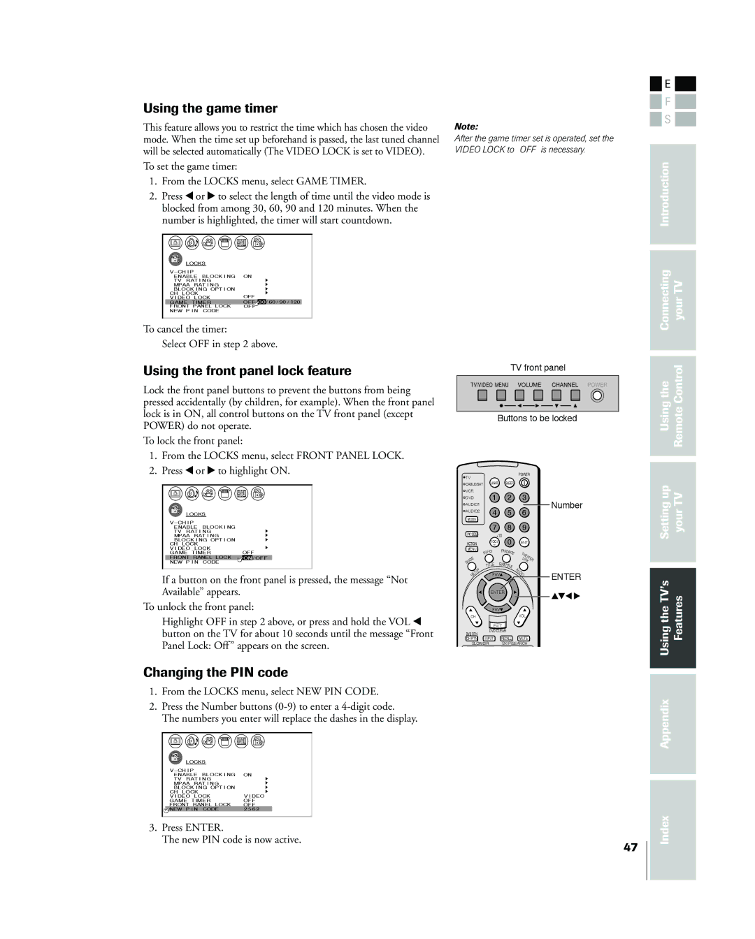 Toshiba 26HL83 owner manual Using the game timer, Using the front panel lock feature, Changing the PIN code 