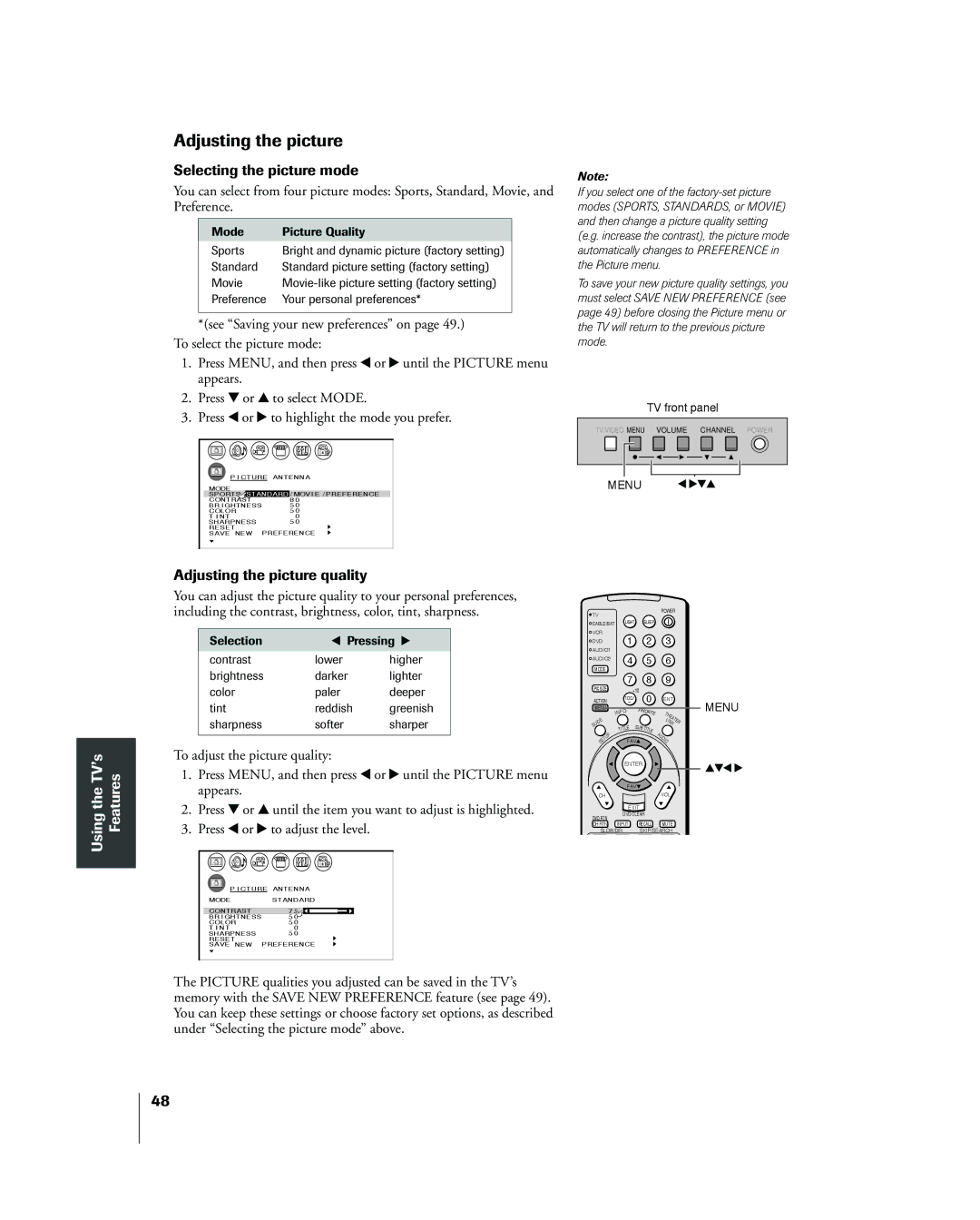 Toshiba 26HL83 owner manual Selecting the picture mode, Adjusting the picture quality 