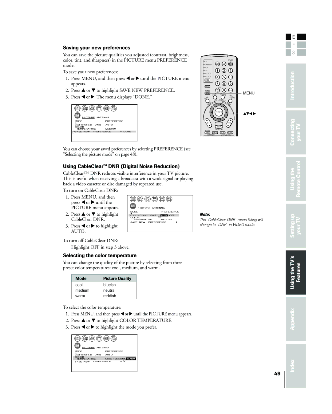 Toshiba 26HL83 Saving your new preferences, Using CableClearª DNR Digital Noise Reduction, Selecting the color temperature 