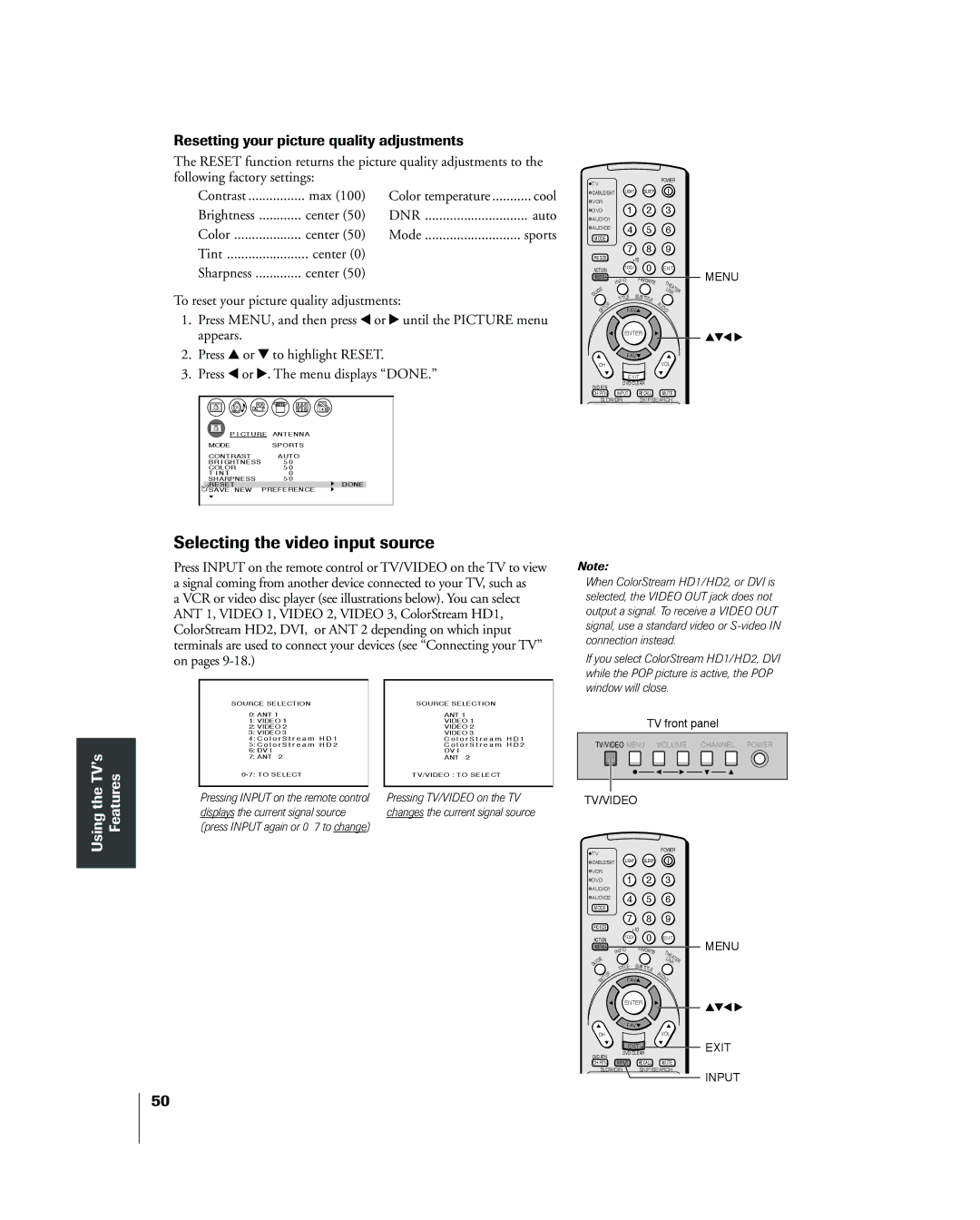 Toshiba 26HL83 owner manual Selecting the video input source, Resetting your picture quality adjustments 