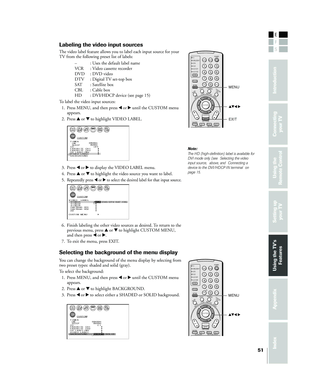 Toshiba 26HL83 owner manual Labeling the video input sources, Selecting the background of the menu display, TheUsing 