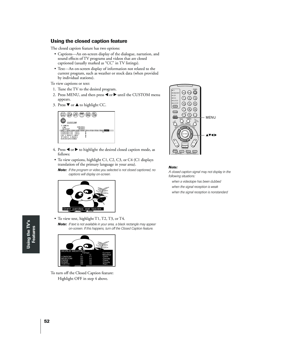 Toshiba 26HL83 owner manual Using the closed caption feature, ¥ To view text, highlight T1, T2, T3, or T4 