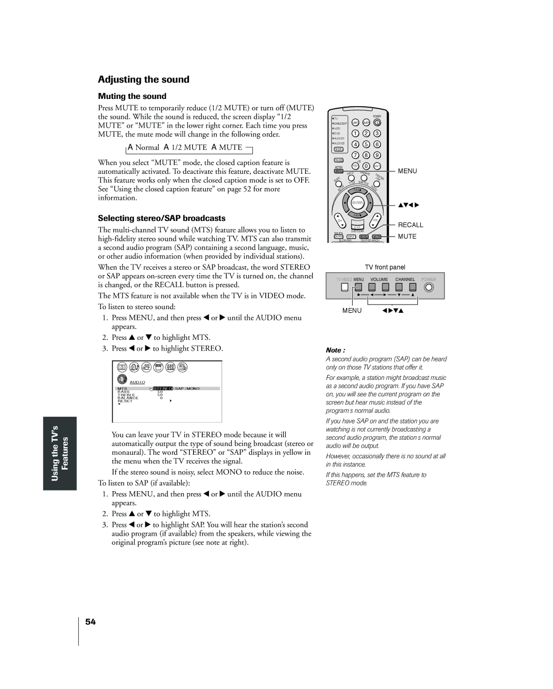 Toshiba 26HL83 owner manual Adjusting the sound, Muting the sound, Selecting stereo/SAP broadcasts 