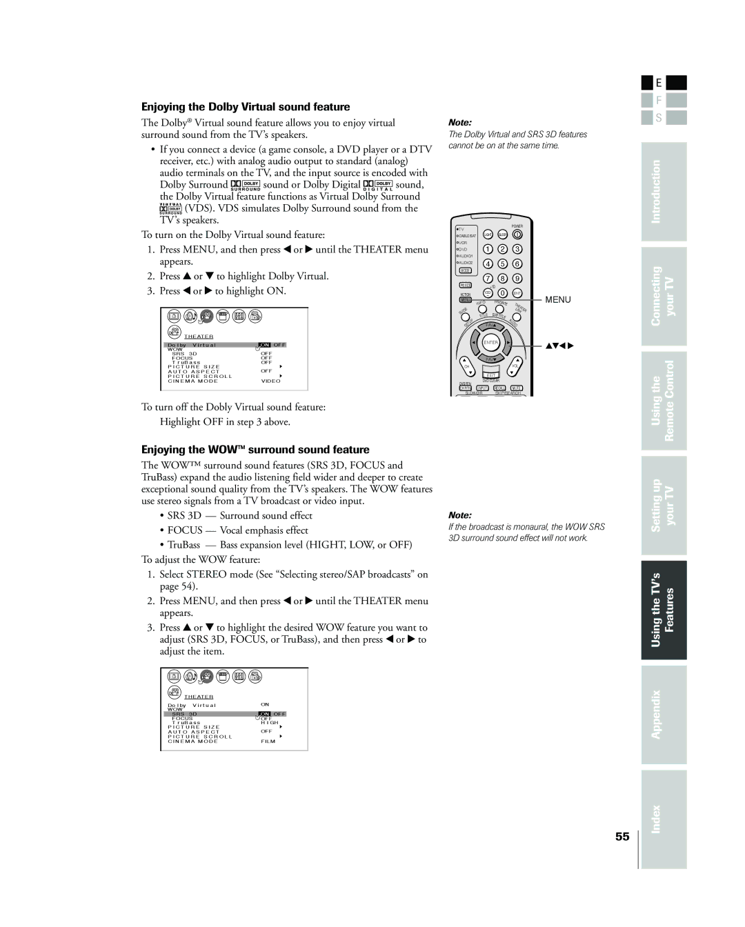 Toshiba 26HL83 owner manual Enjoying the Dolby Virtual sound feature, Connecting Your Control, Using Remote 