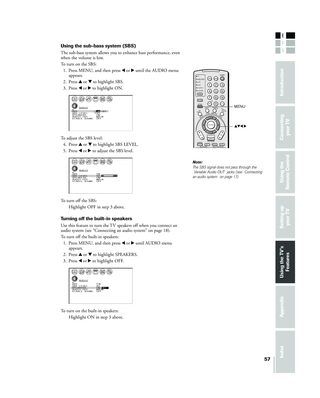 Toshiba 26HL83 owner manual Using the sub-bass system SBS, Turning off the built-in speakers 