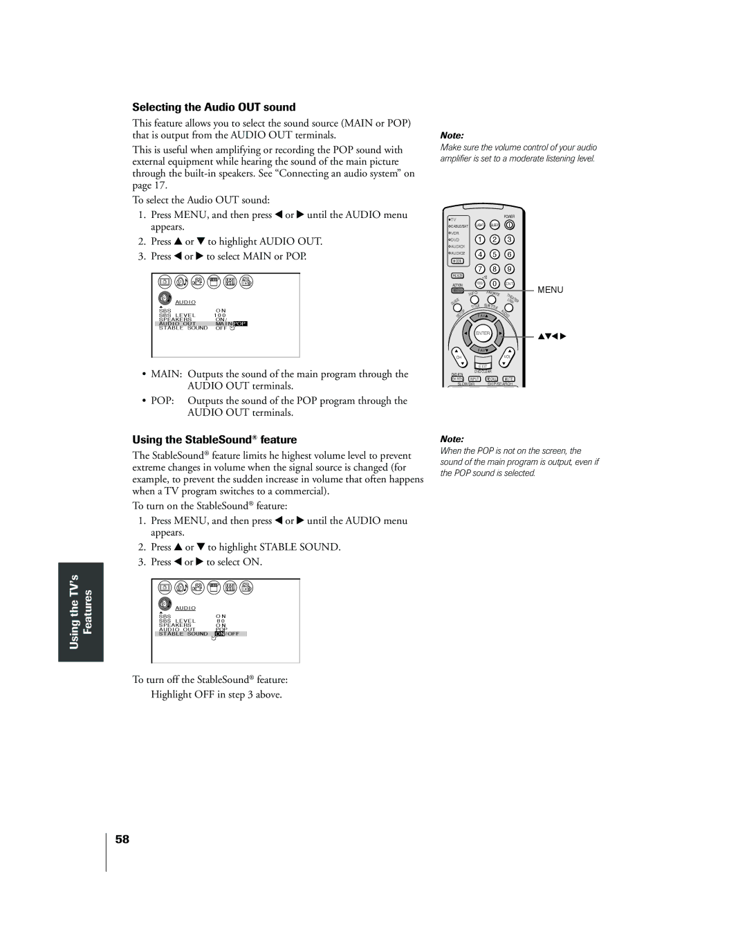 Toshiba 26HL83 owner manual Selecting the Audio OUT sound, Using the StableSound¨ feature 