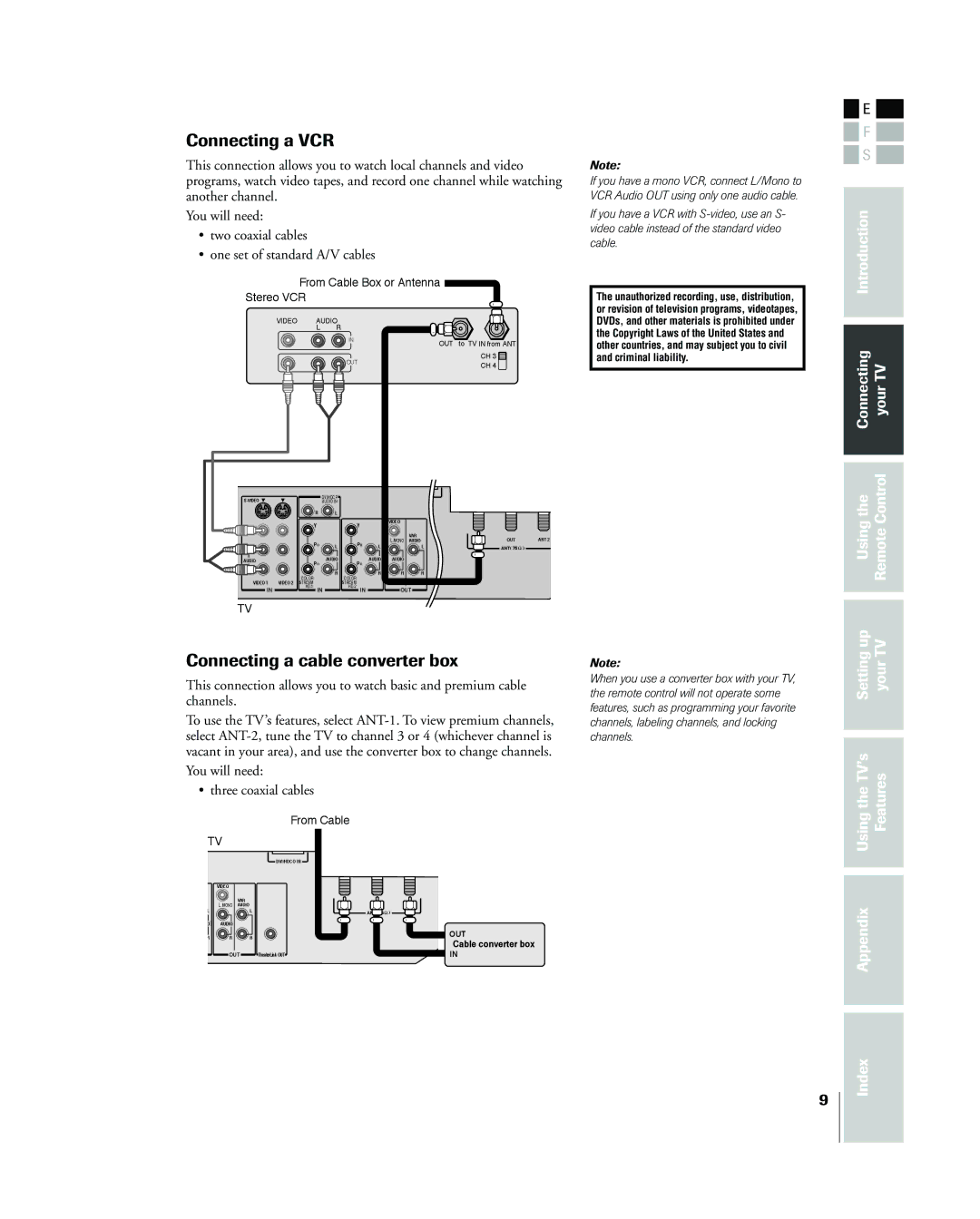 Toshiba 26HL83 owner manual Connecting a VCR, Connecting a cable converter box 