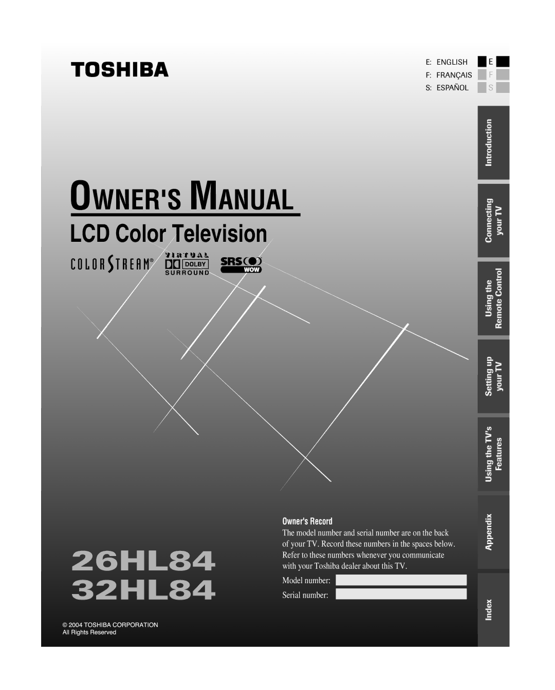 Toshiba 26HL84, 32HL84 owner manual 26HL84 32HL84 