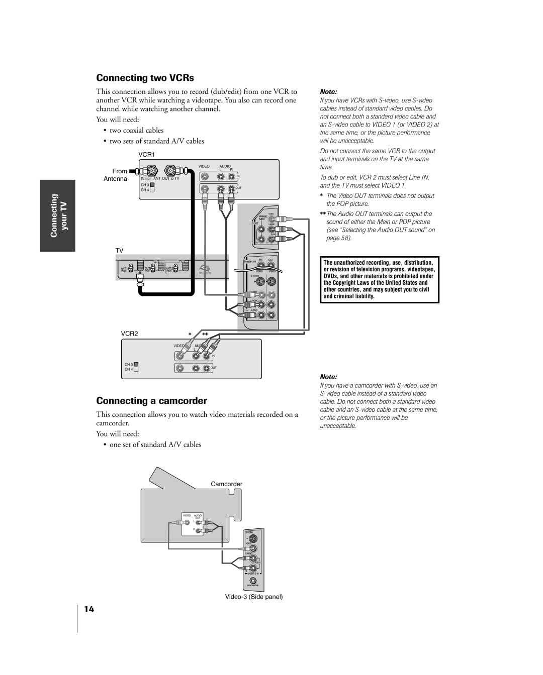 Toshiba 26HL84, 32HL84 owner manual Connecting two VCRs, Connecting a camcorder 