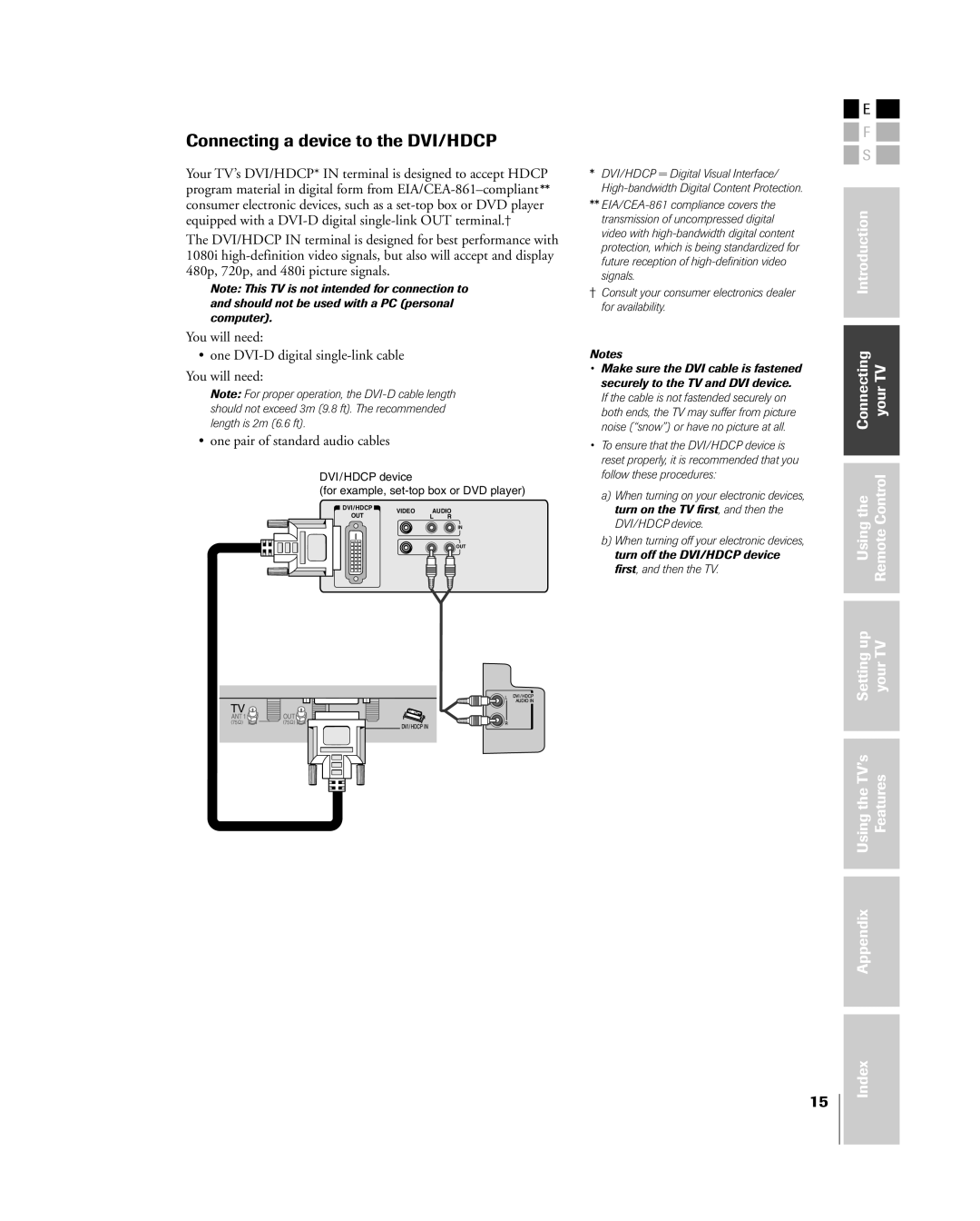 Toshiba 26HL84, 32HL84 Connecting a device to the DVI/HDCP, DVI/HDCP device For example, set-top box or DVD player 