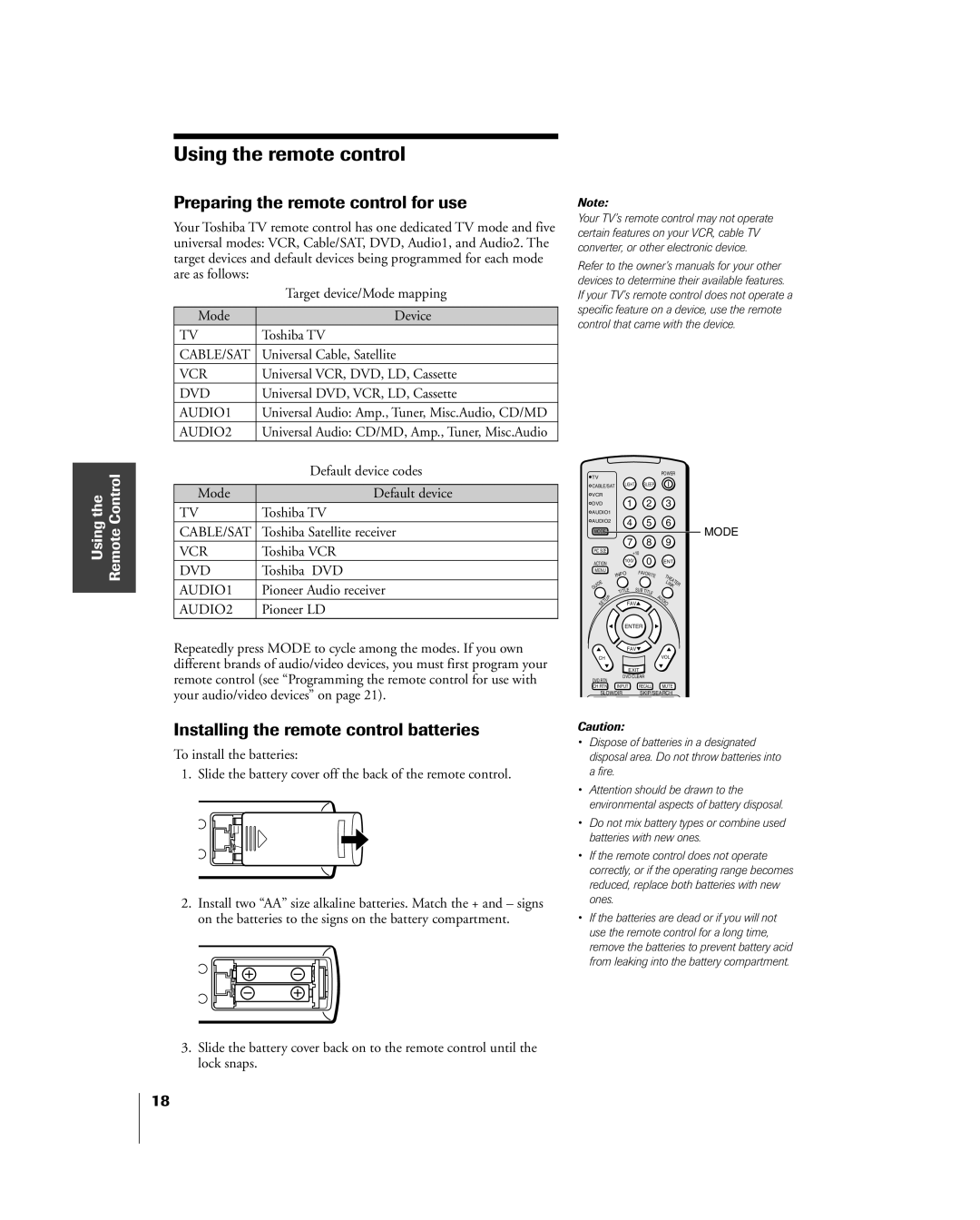 Toshiba 26HL84, 32HL84 owner manual Using the remote control, Preparing the remote control for use 