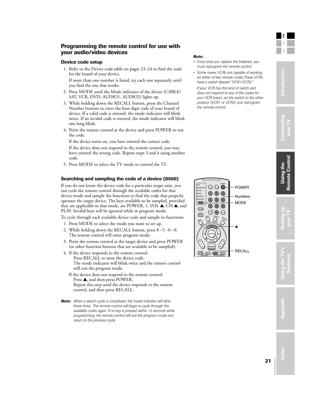 Toshiba 26HL84, 32HL84 owner manual Device code setup, Searching and sampling the code of a device 