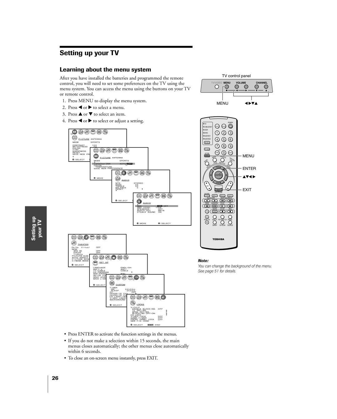 Toshiba 26HL84, 32HL84 owner manual Setting up your TV, Learning about the menu system, TV control panel 