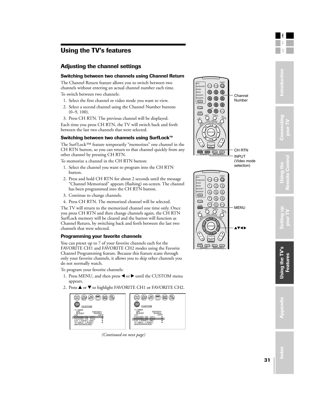 Toshiba 26HL84, 32HL84 Using the TVÕs features, Adjusting the channel settings, Programming your favorite channels 