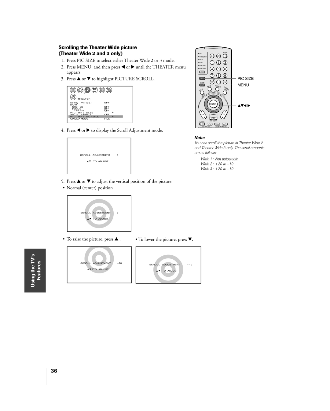 Toshiba 26HL84, 32HL84 owner manual Press x or to display the Scroll Adjustment mode, ¥ To raise the picture, press y 