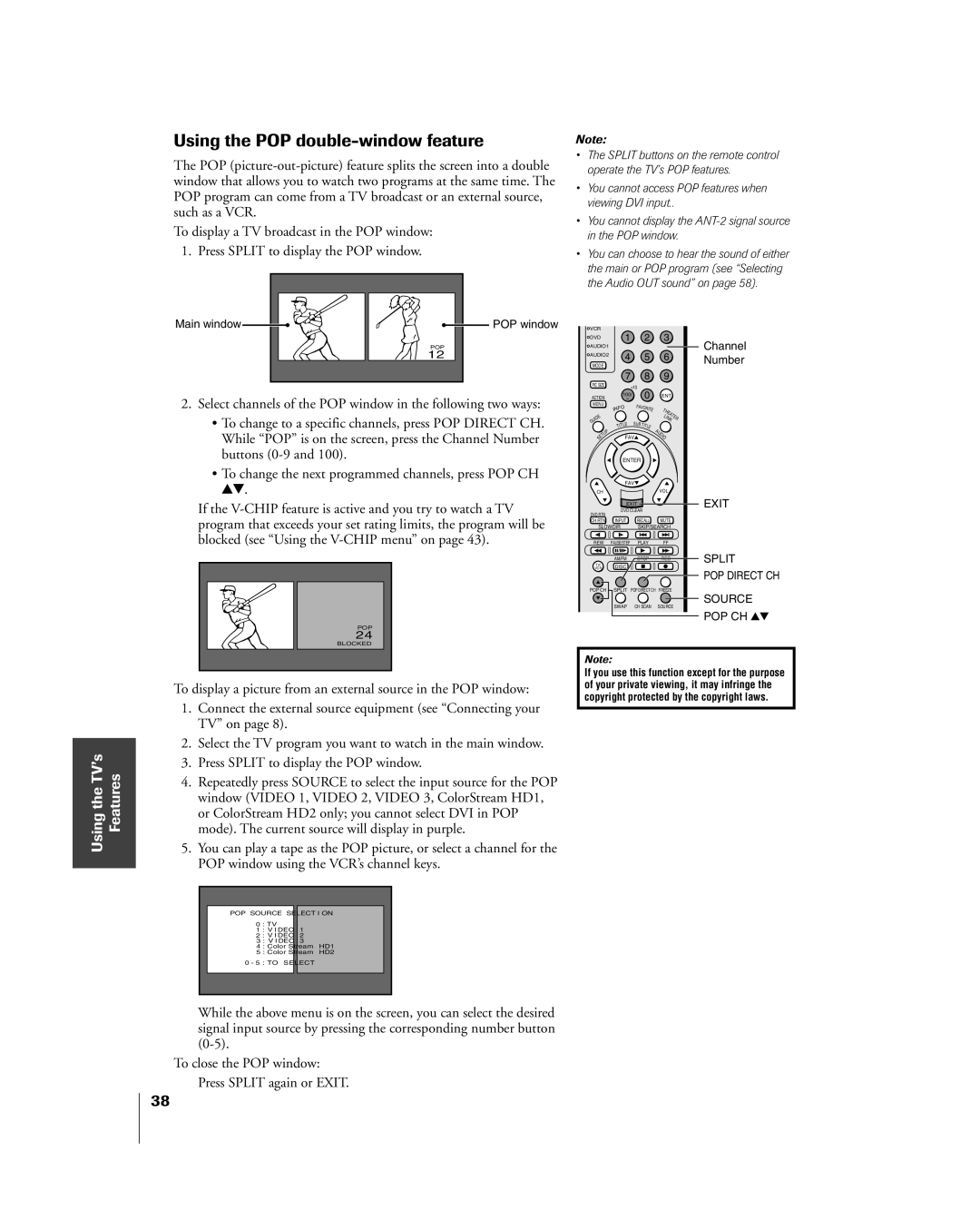 Toshiba 26HL84, 32HL84 owner manual Using the POP double-window feature, Buttons 0-9, POP CH yz 