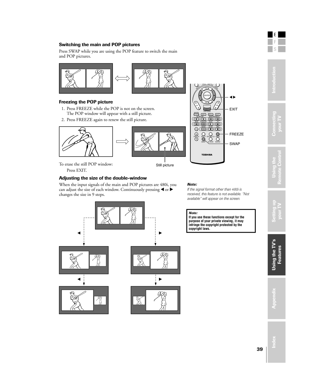 Toshiba 26HL84, 32HL84 Switching the main and POP pictures, Freezing the POP picture, Press Exit, Still picture 