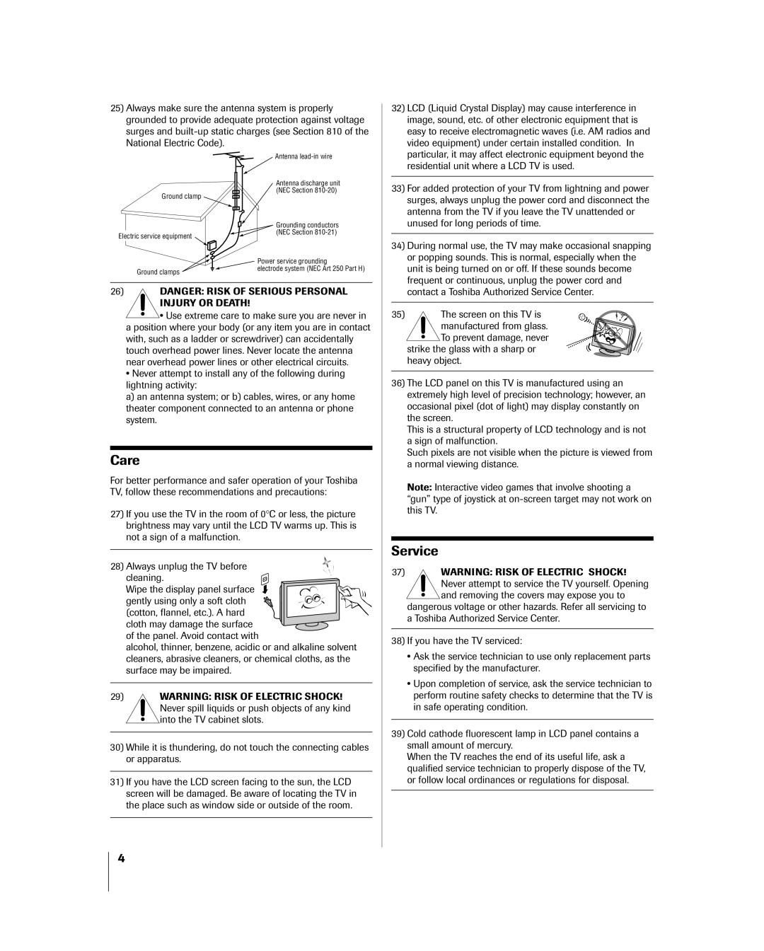 Toshiba 26HL84, 32HL84 owner manual Care, Service 