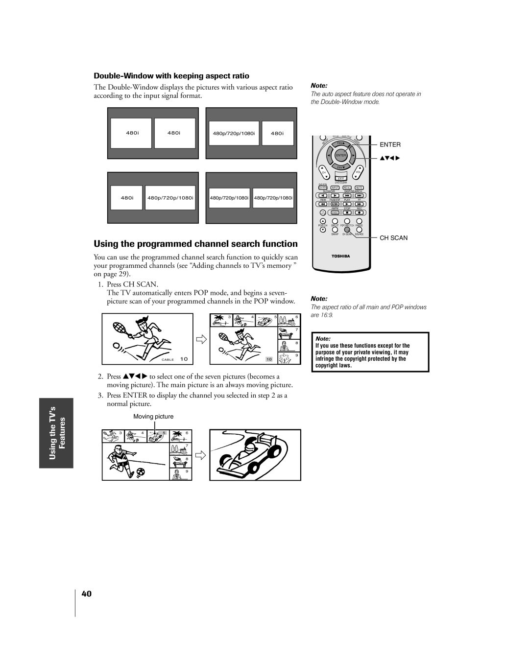 Toshiba 26HL84, 32HL84 owner manual Using the programmed channel search function, Double-Window with keeping aspect ratio 